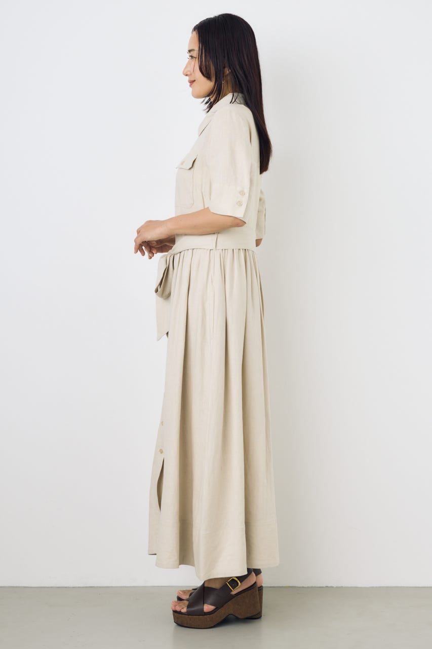 リネンベルテッドフレアボタンワンピース L/BEG M