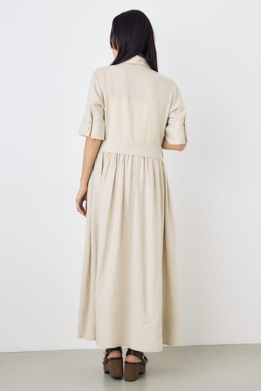 リネンベルテッドフレアボタンワンピース L/BEG M