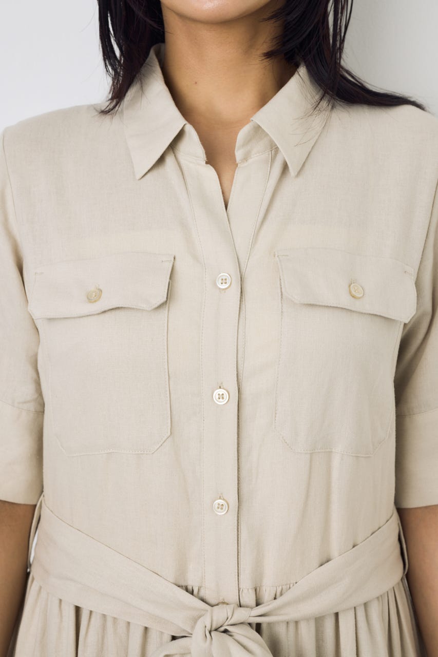 リネンベルテッドフレアボタンワンピース L/BEG M