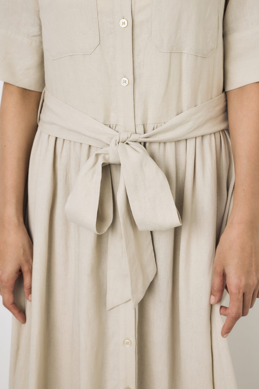 リネンベルテッドフレアボタンワンピース L/BEG M