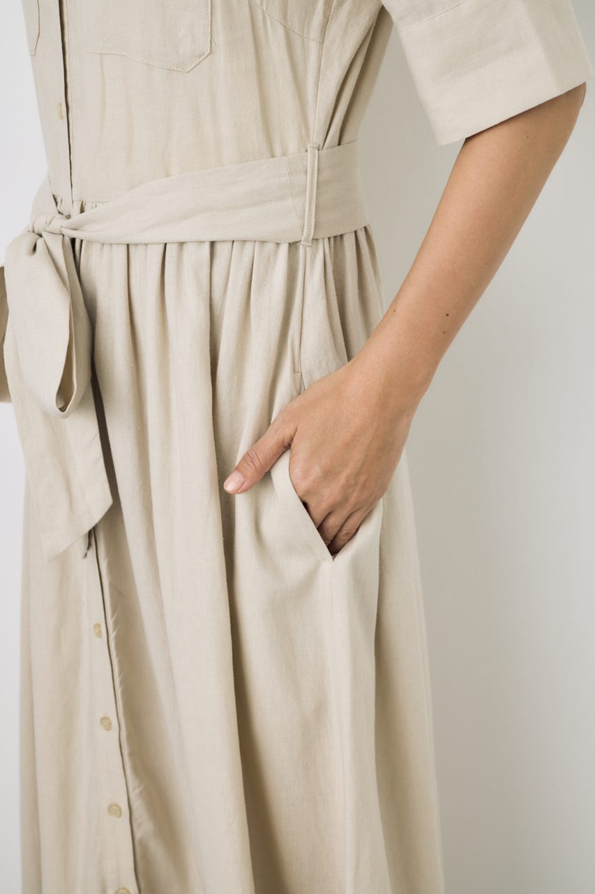 リネンベルテッドフレアボタンワンピース L/BEG M