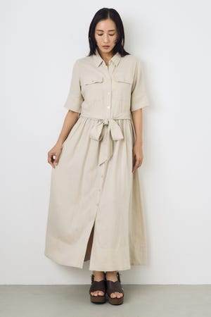 リネンベルテッドフレアボタンワンピース