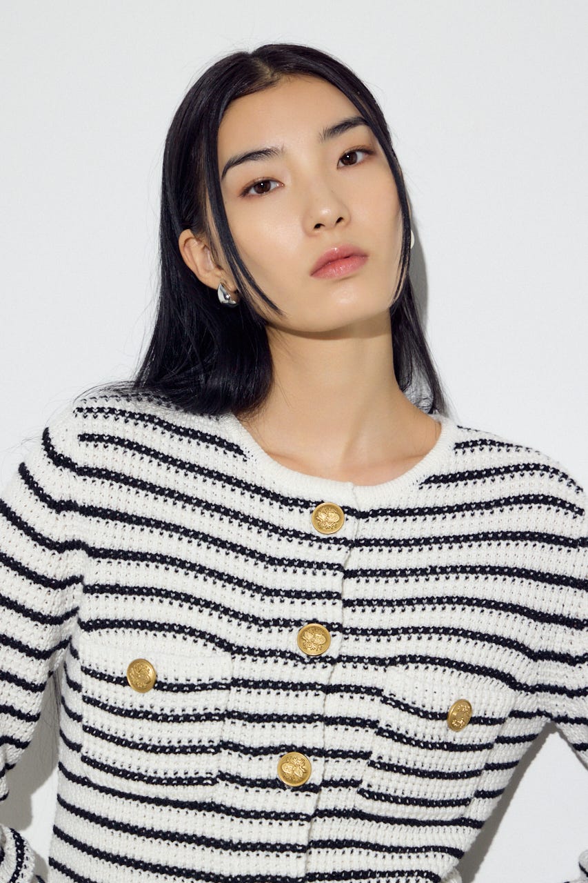 クルーネックツイードライクニットジャケット 柄BLK S