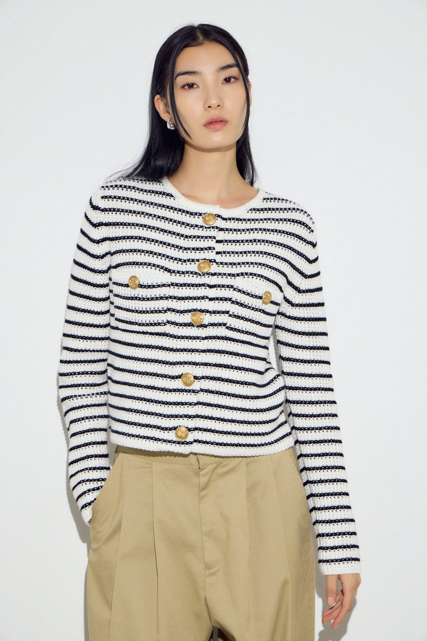 クルーネックツイードライクニットジャケット 柄BLK S