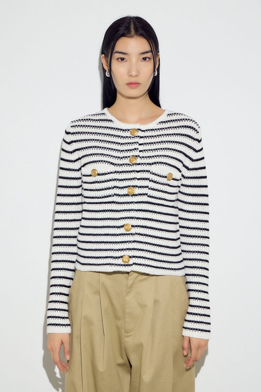 クルーネックツイードライクニットジャケット 柄BLK S