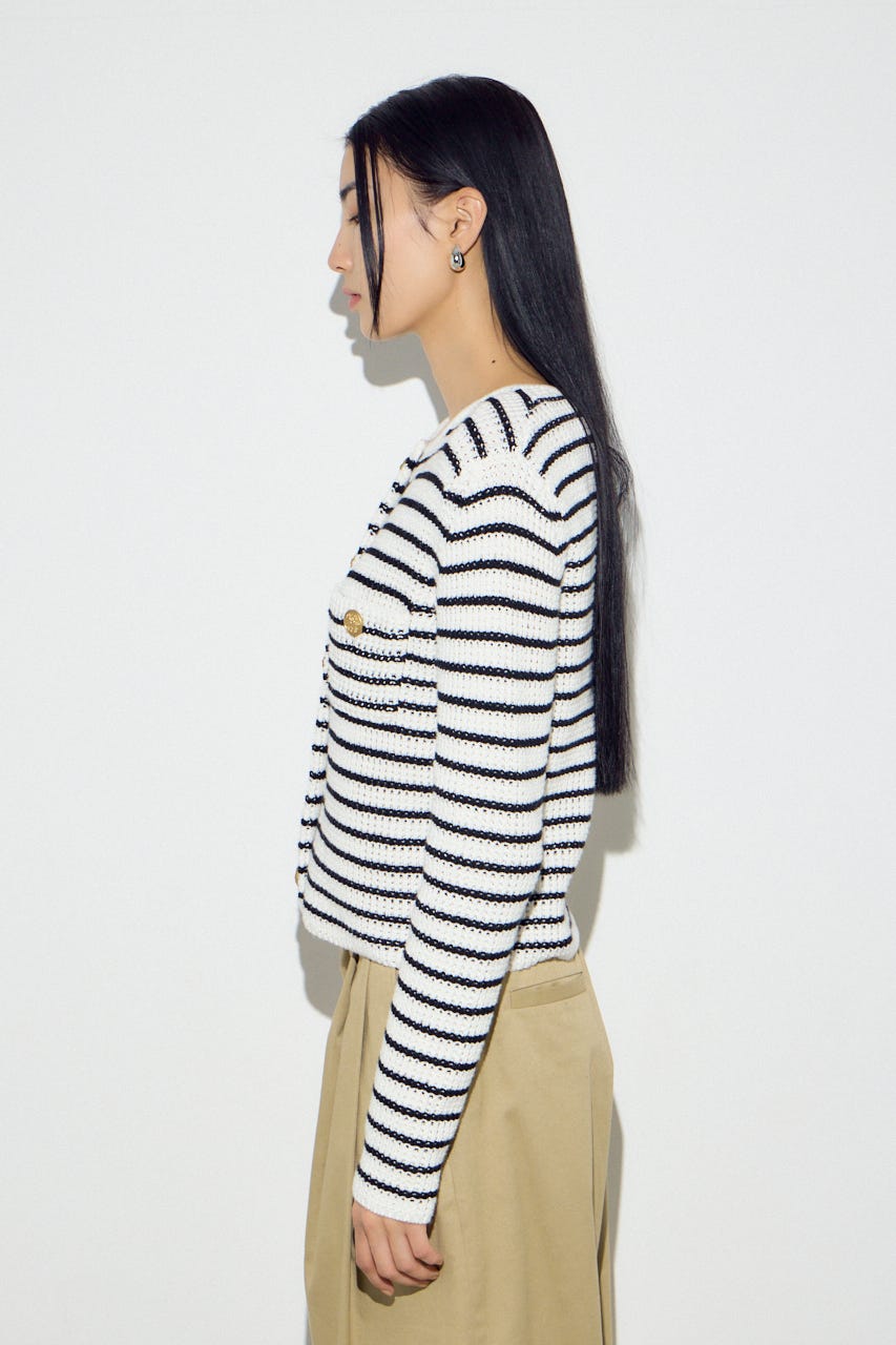 クルーネックツイードライクニットジャケット 柄BLK S