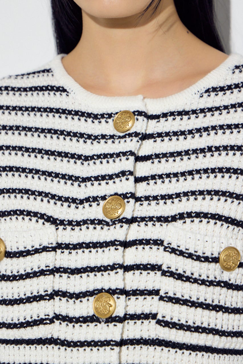 クルーネックツイードライクニットジャケット 柄BLK S