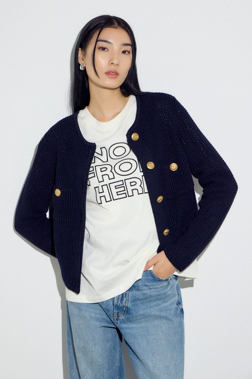 クルーネックツイードライクニットジャケット NVY M