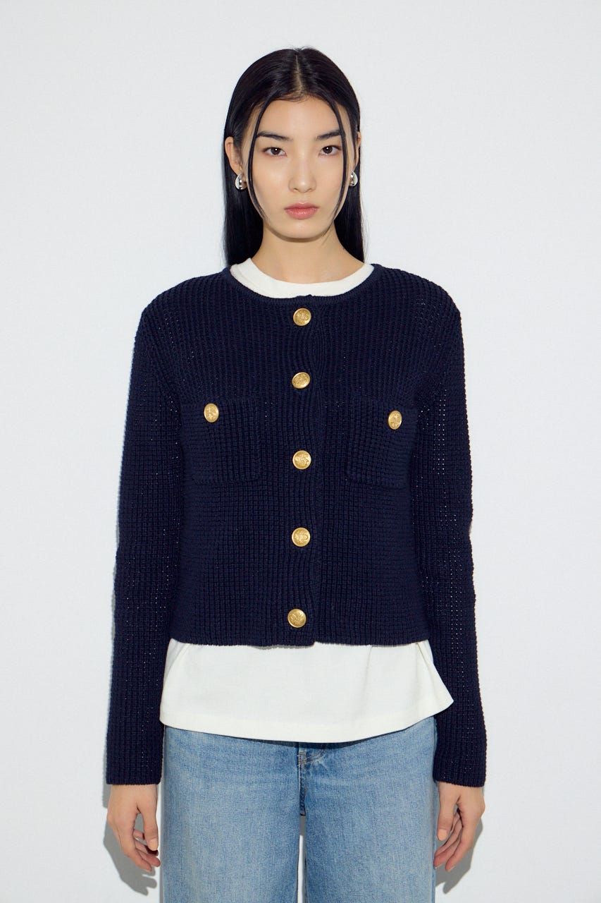 クルーネックツイードライクニットジャケット NVY M