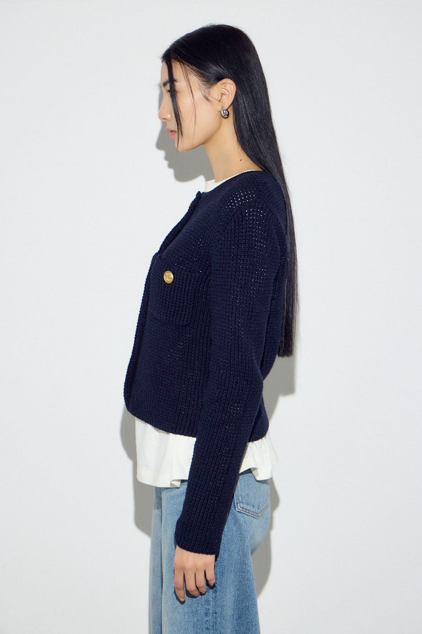 クルーネックツイードライクニットジャケット NVY M