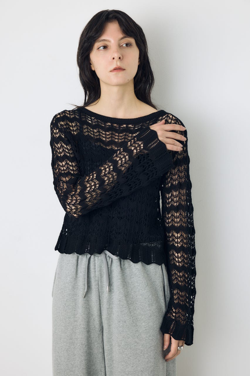 クロシェフレアスリーブニットトップス BLK M