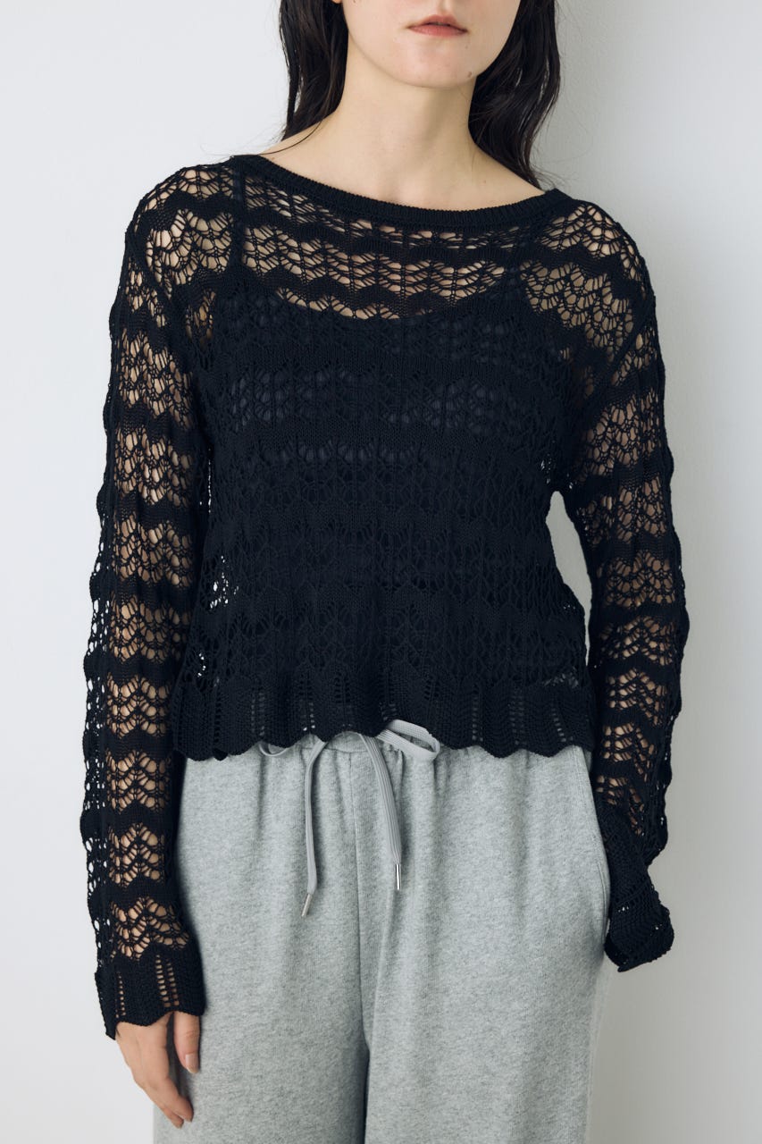 クロシェフレアスリーブニットトップス BLK M