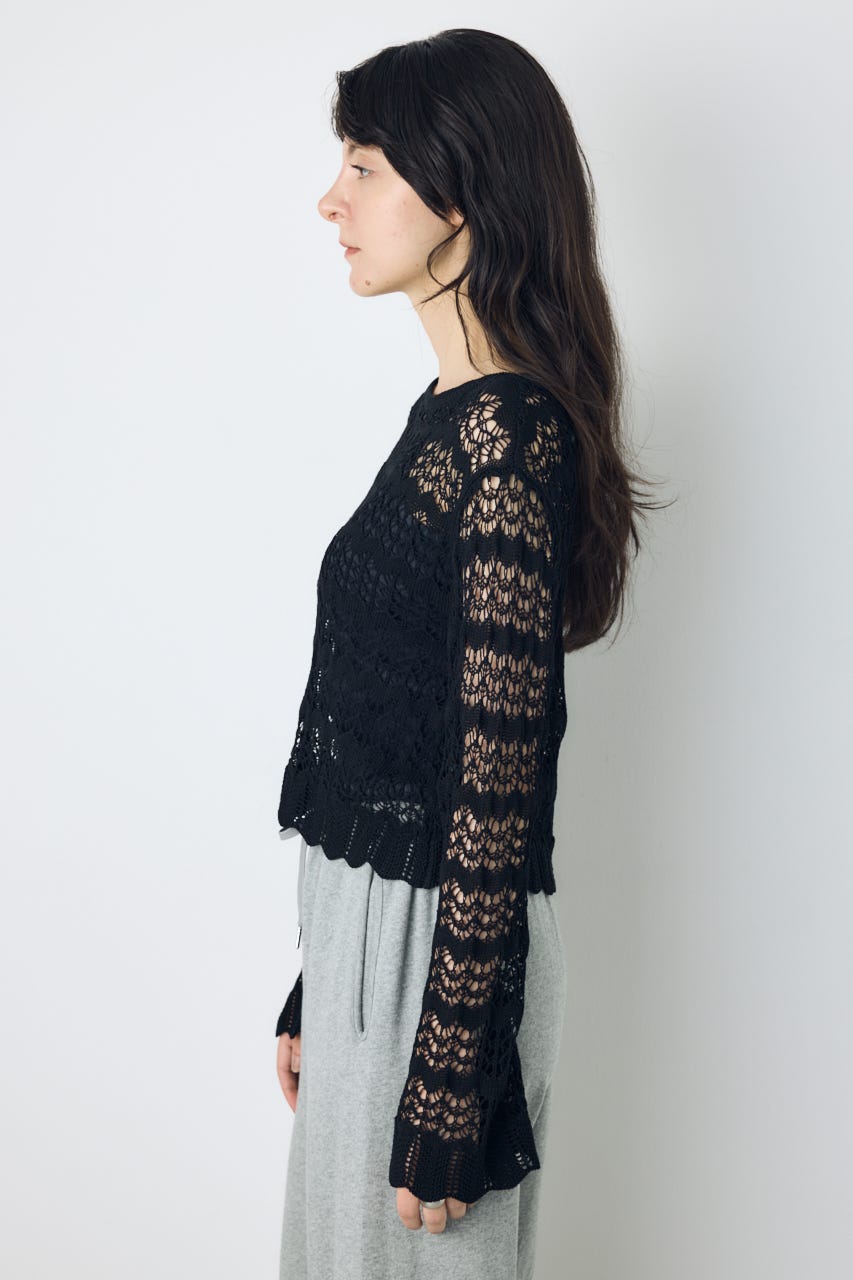 クロシェフレアスリーブニットトップス BLK M
