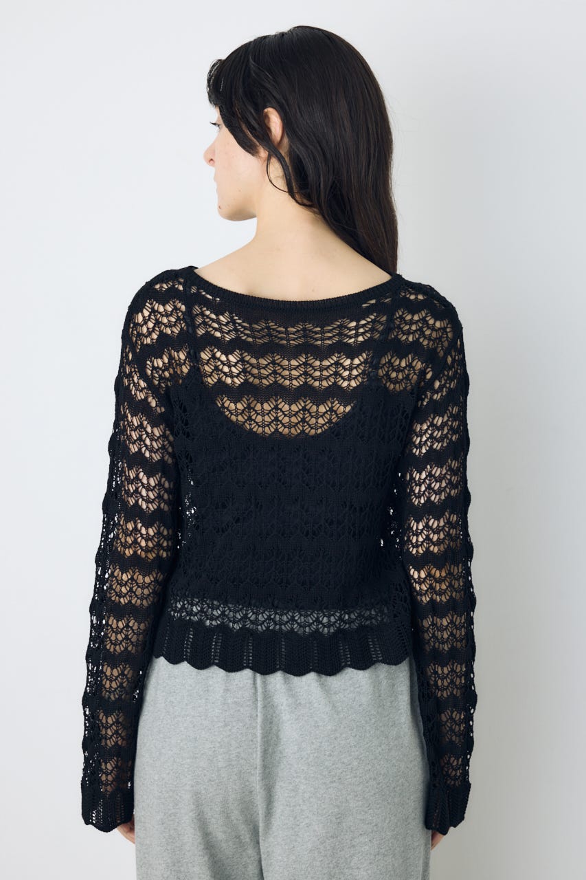 クロシェフレアスリーブニットトップス BLK M