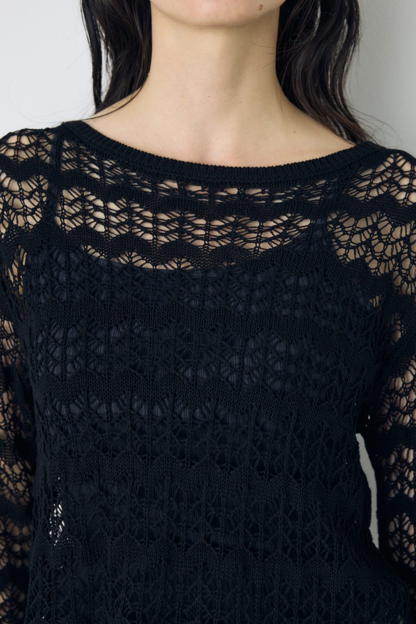 クロシェフレアスリーブニットトップス BLK M