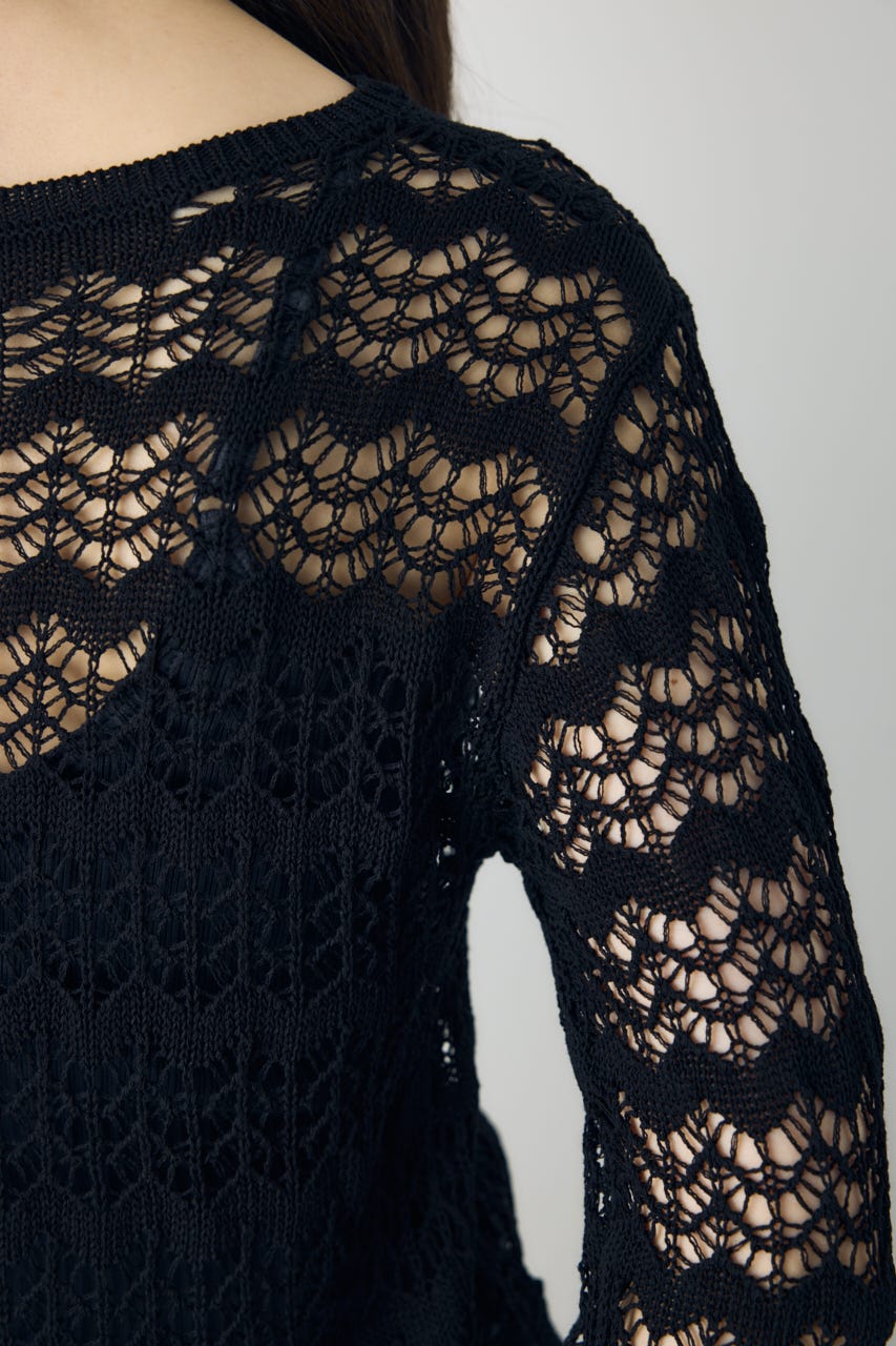 クロシェフレアスリーブニットトップス BLK M