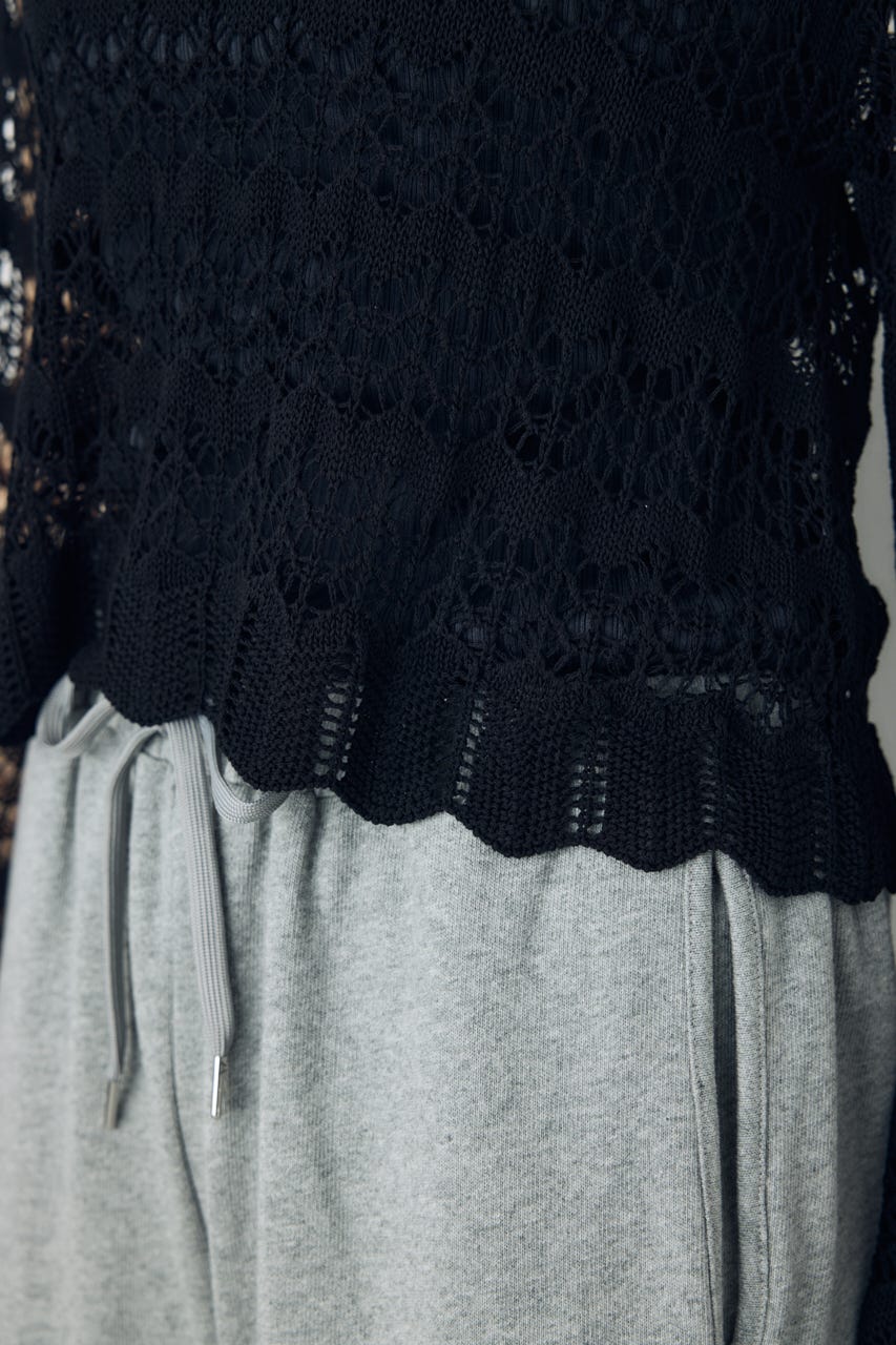 クロシェフレアスリーブニットトップス BLK M