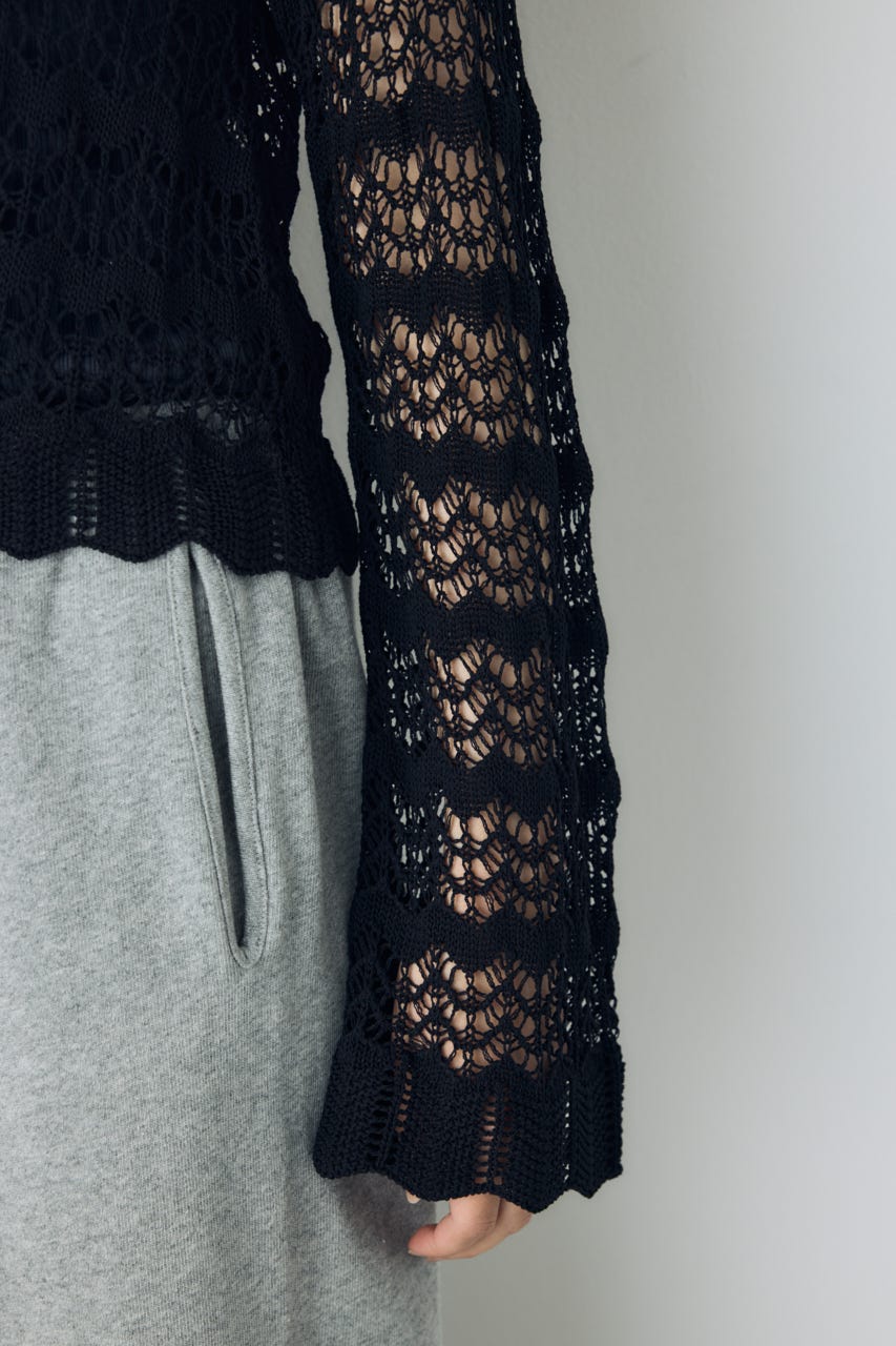 クロシェフレアスリーブニットトップス BLK M