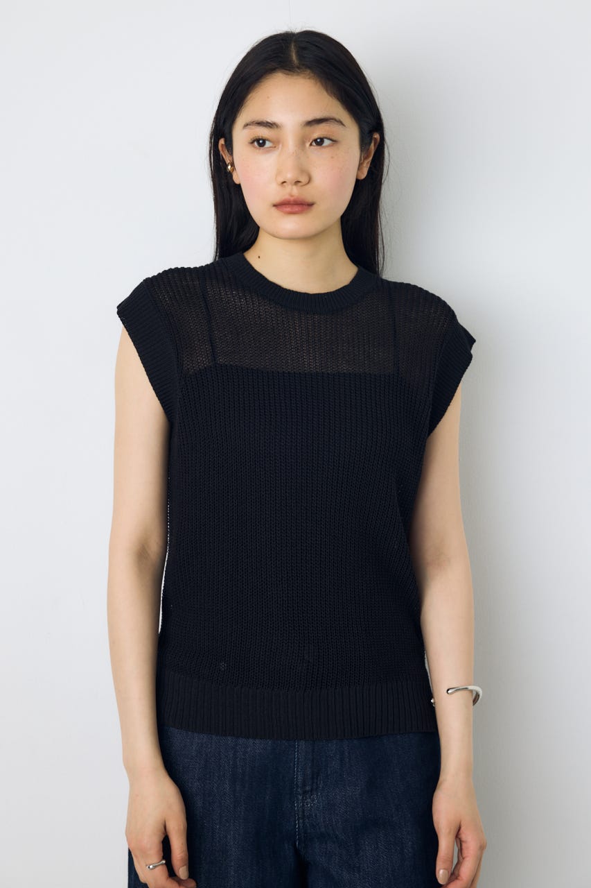 畔編みノースリーブニットトップス BLK M