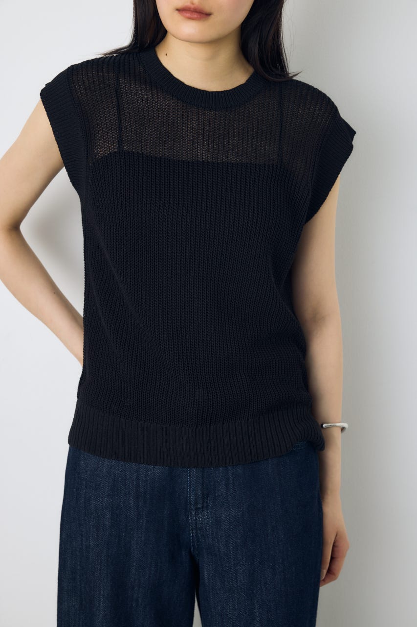 畔編みノースリーブニットトップス BLK M