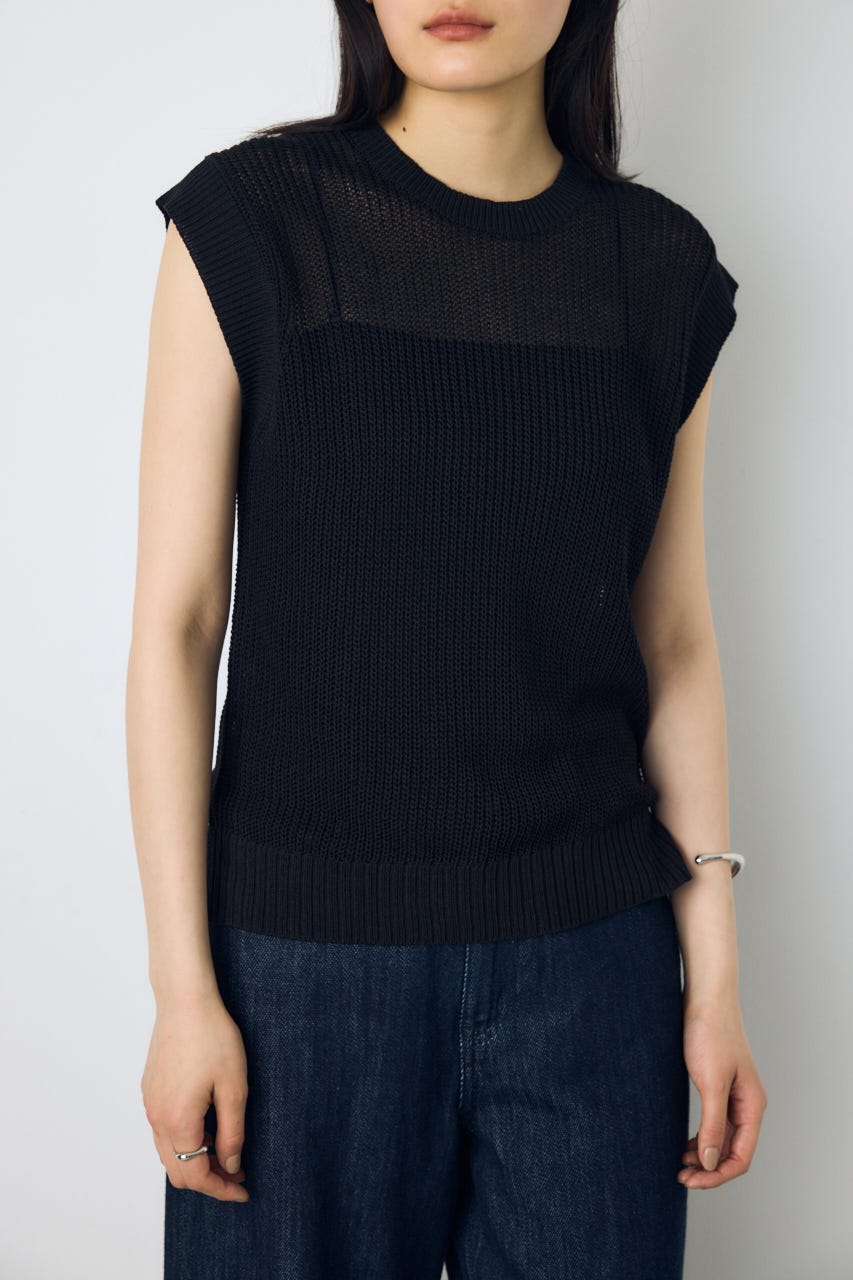 畔編みノースリーブニットトップス BLK M