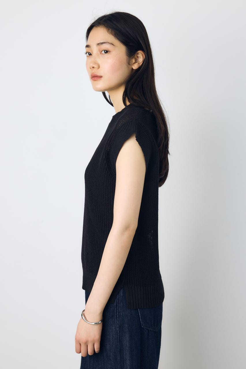 畔編みノースリーブニットトップス BLK M
