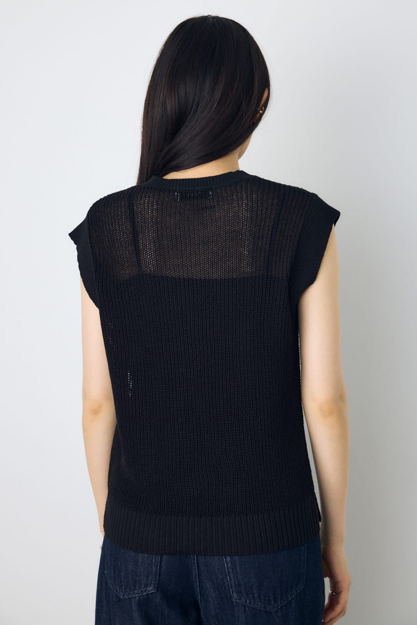 畔編みノースリーブニットトップス BLK M