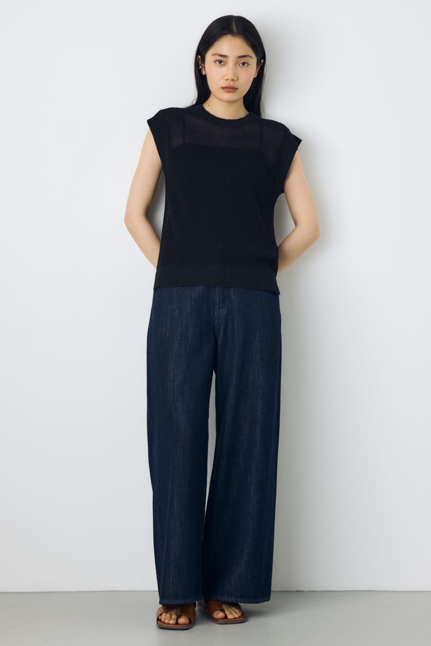 畔編みノースリーブニットトップス BLK M