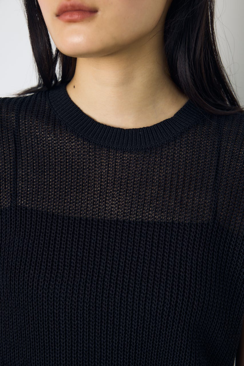 畔編みノースリーブニットトップス BLK M
