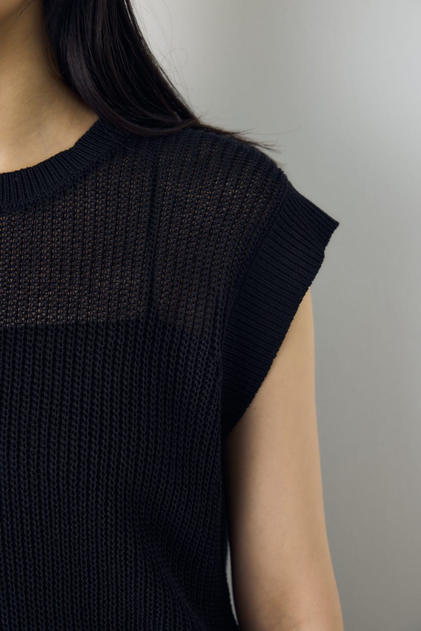 畔編みノースリーブニットトップス BLK M