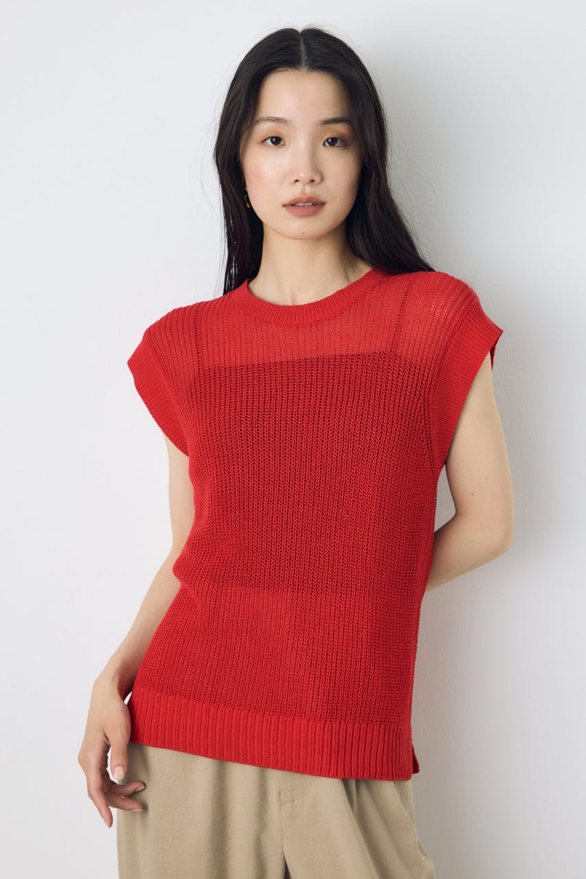 畔編みノースリーブニットトップス RED M