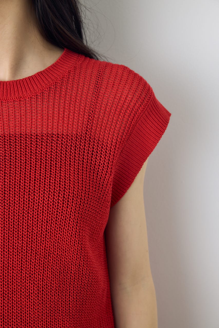 畔編みノースリーブニットトップス RED M