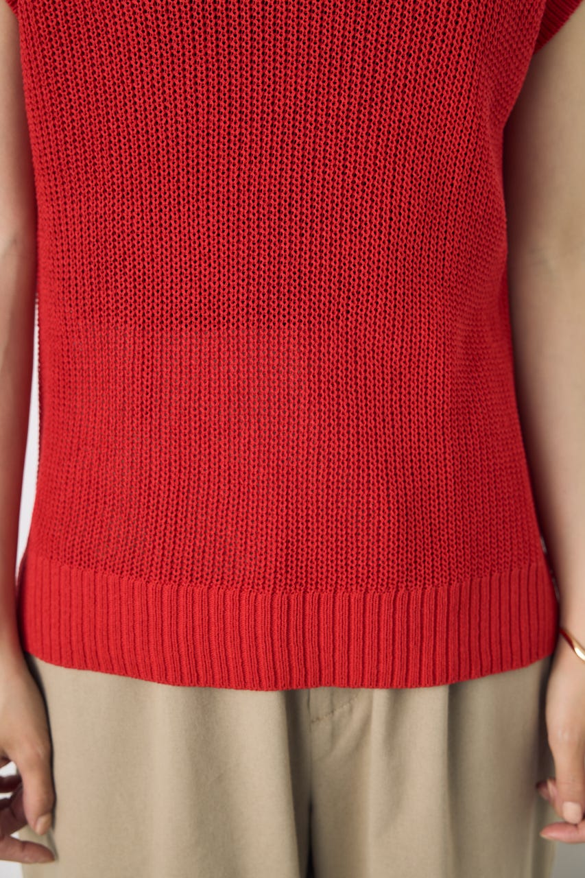畔編みノースリーブニットトップス RED M