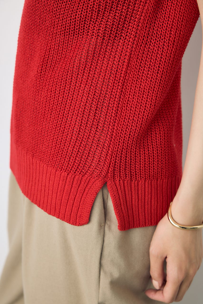畔編みノースリーブニットトップス RED M