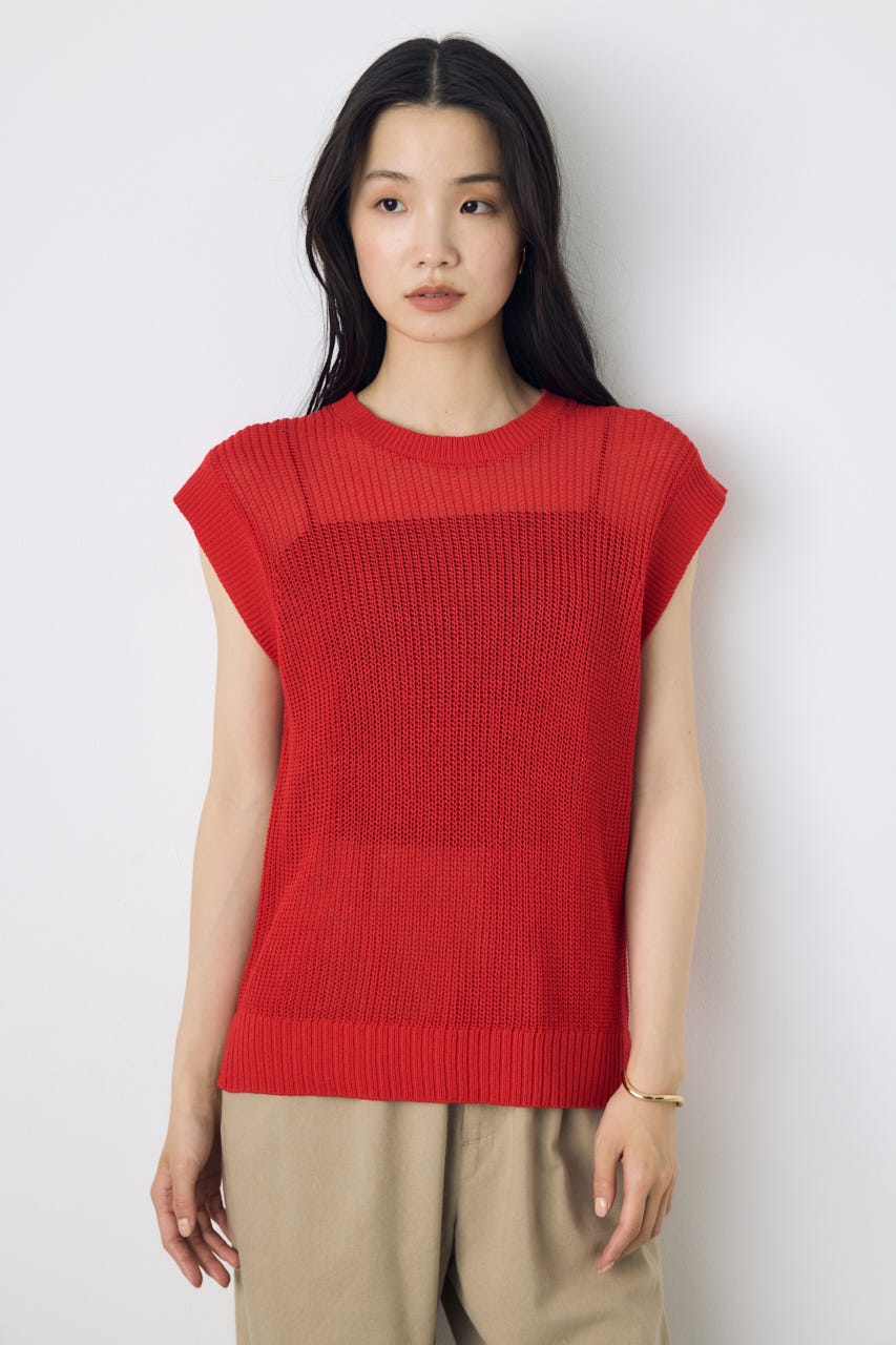 畔編みノースリーブニットトップス RED M