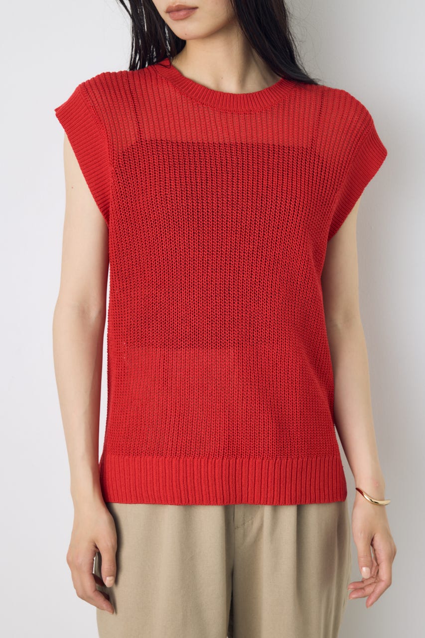 畔編みノースリーブニットトップス RED M