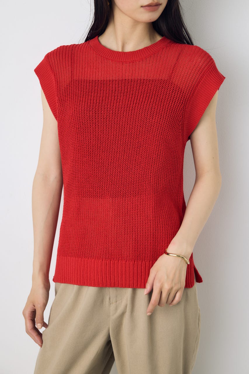 畔編みノースリーブニットトップス RED M