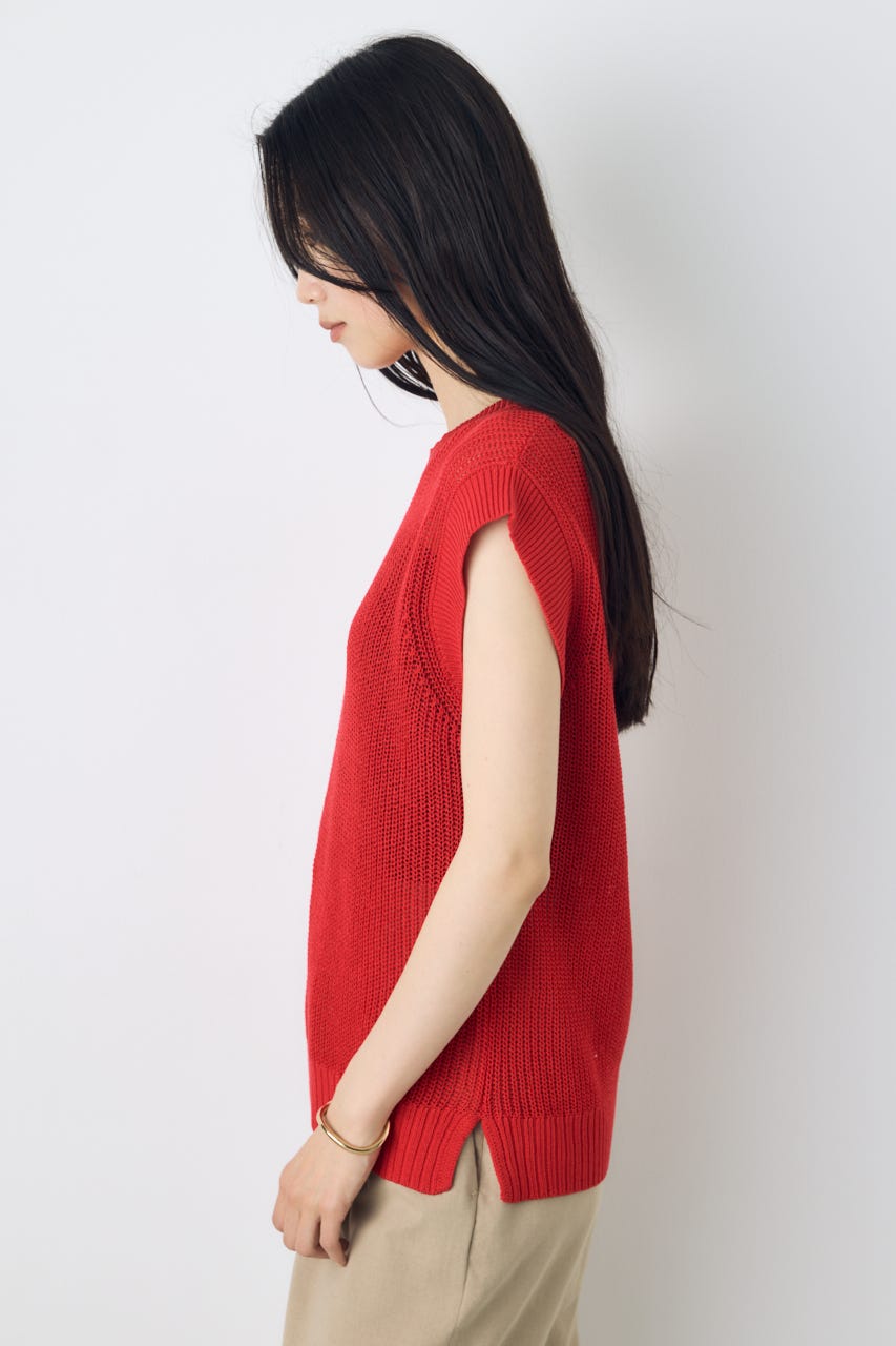畔編みノースリーブニットトップス RED M