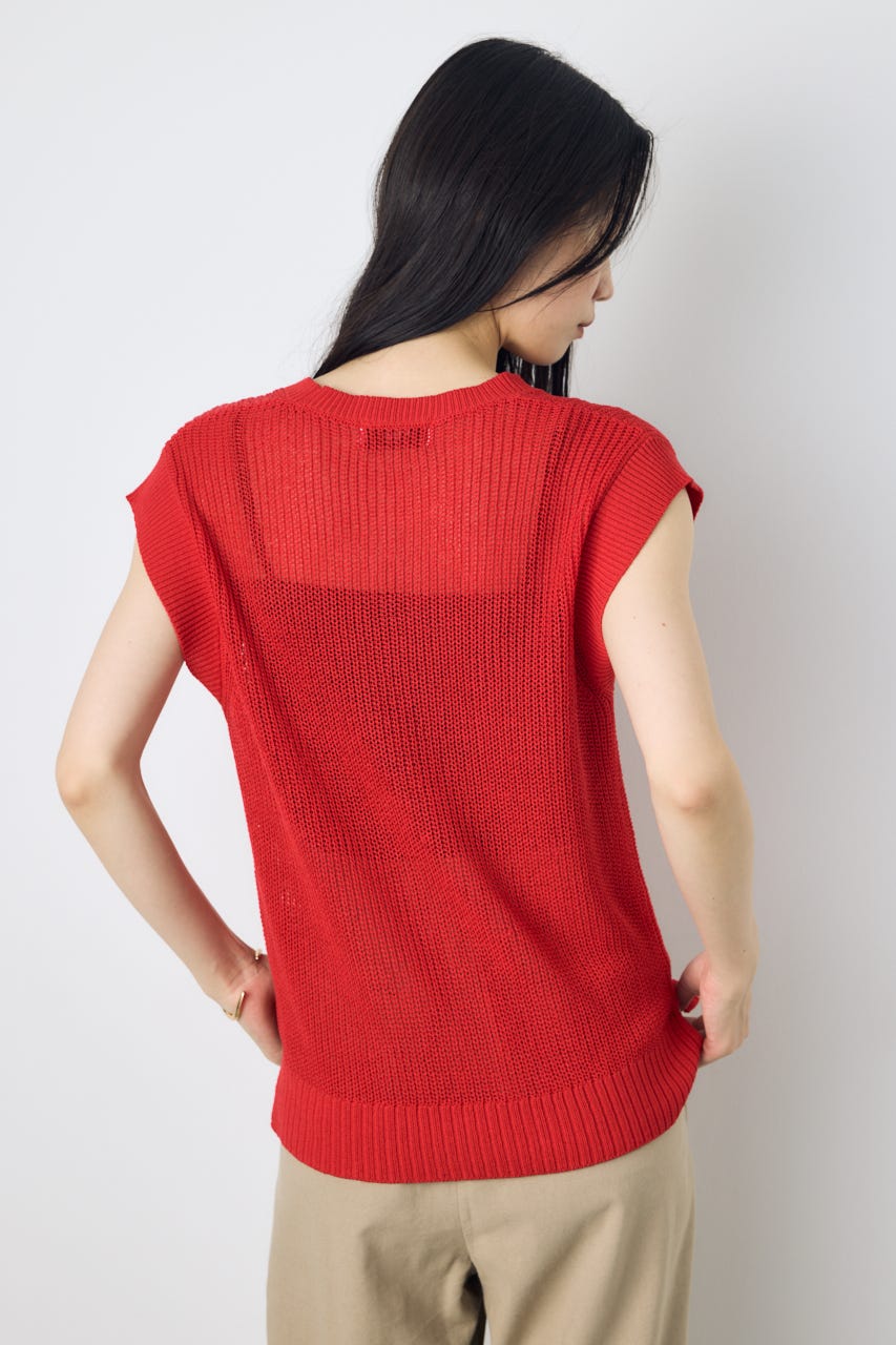 畔編みノースリーブニットトップス RED M