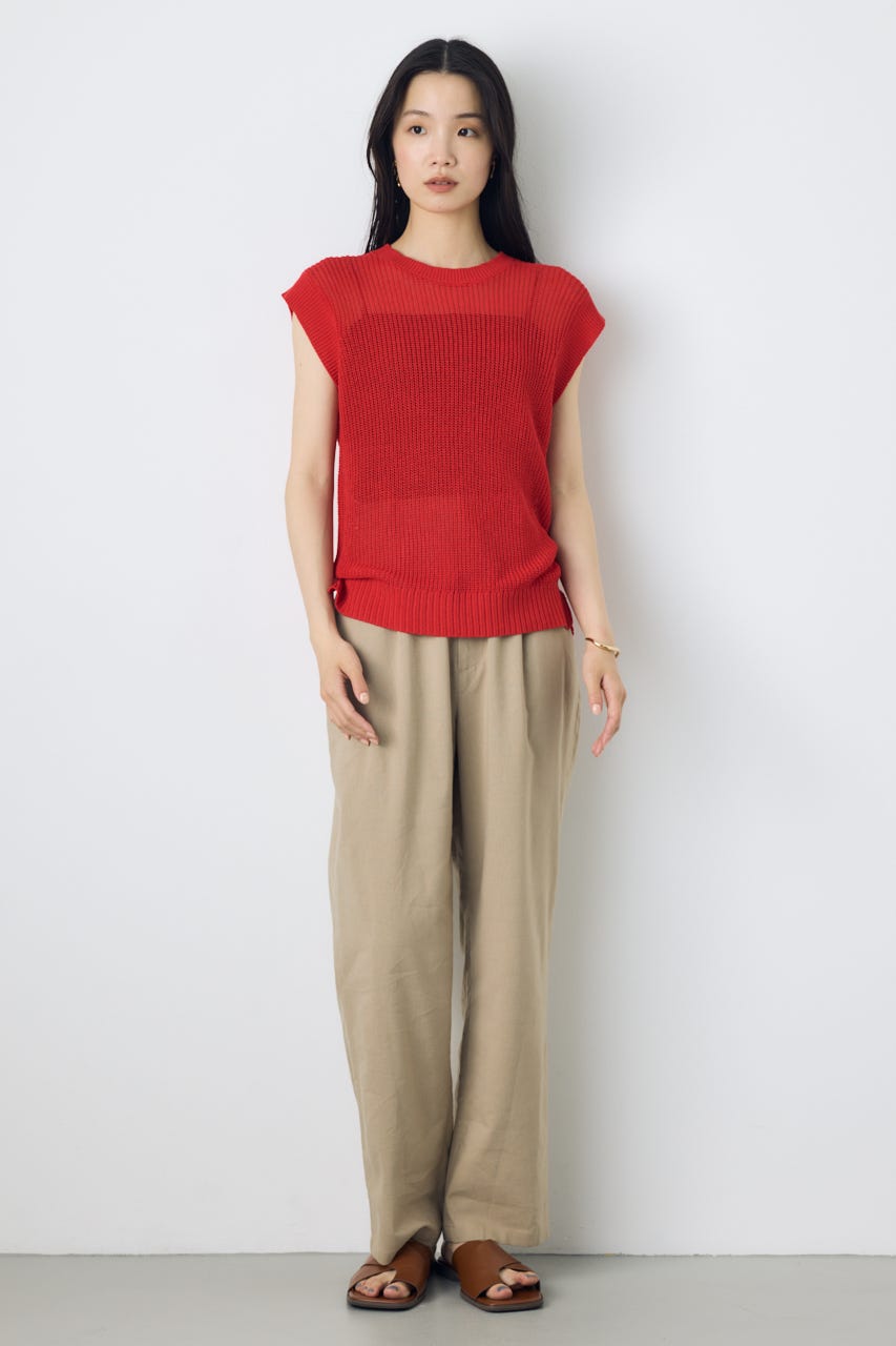 畔編みノースリーブニットトップス RED M