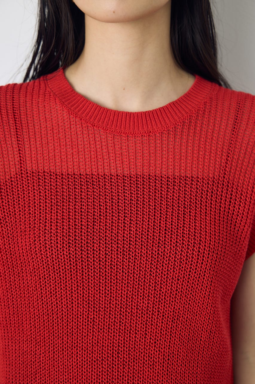 畔編みノースリーブニットトップス RED M