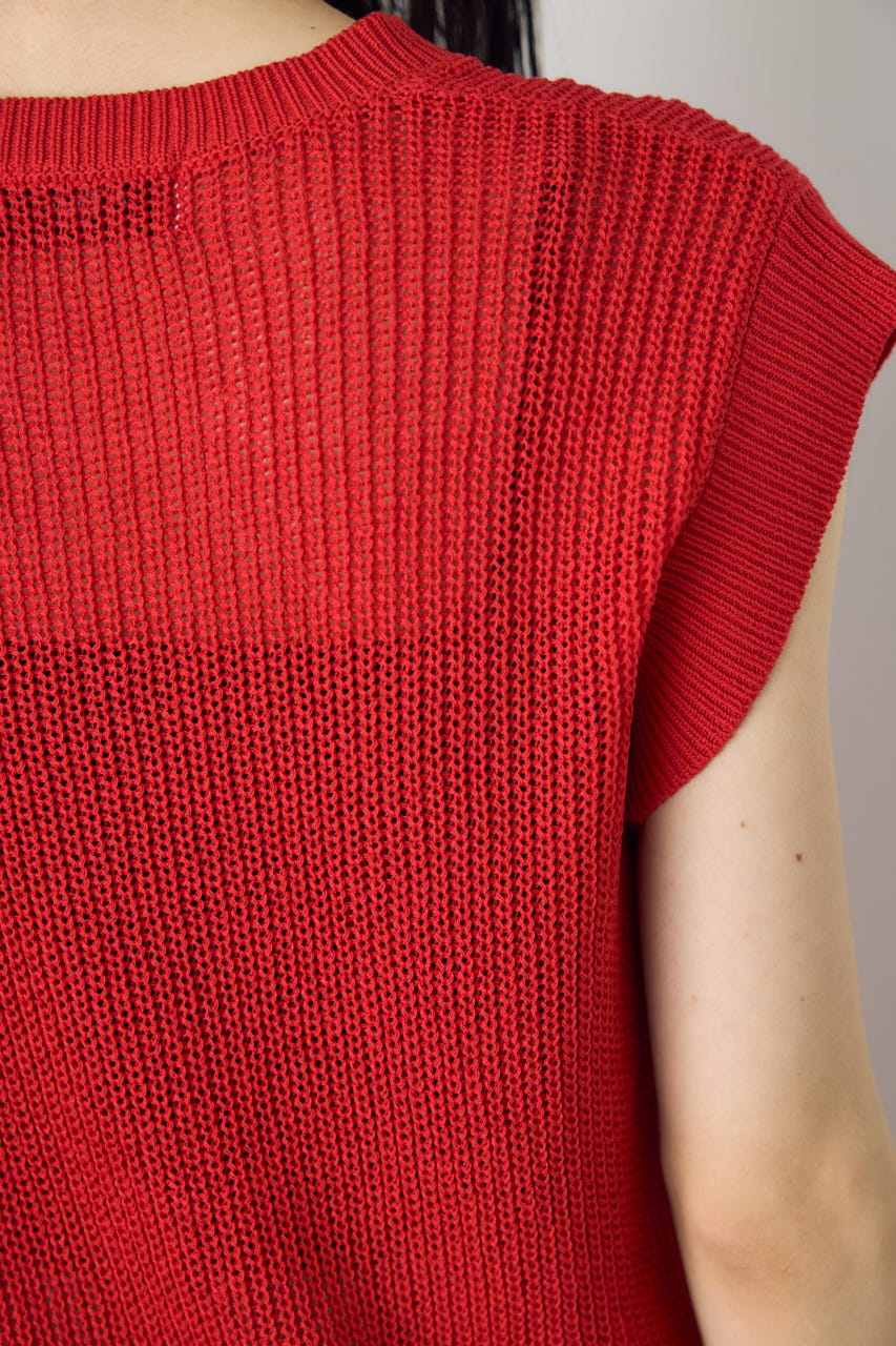 畔編みノースリーブニットトップス RED M