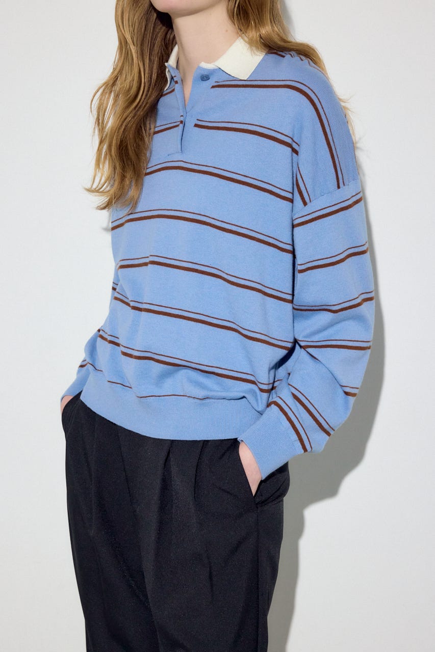 カシミヤミックスポロカラーボーダーニット 柄BLU FREE