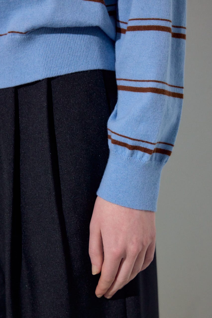 カシミヤミックスポロカラーボーダーニット 柄BLU FREE