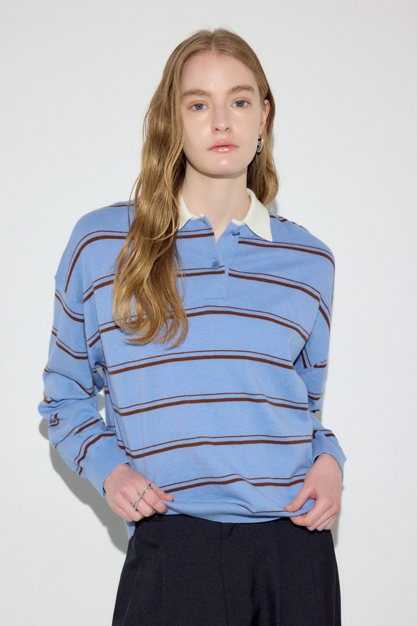 カシミヤミックスポロカラーボーダーニット 柄BLU FREE