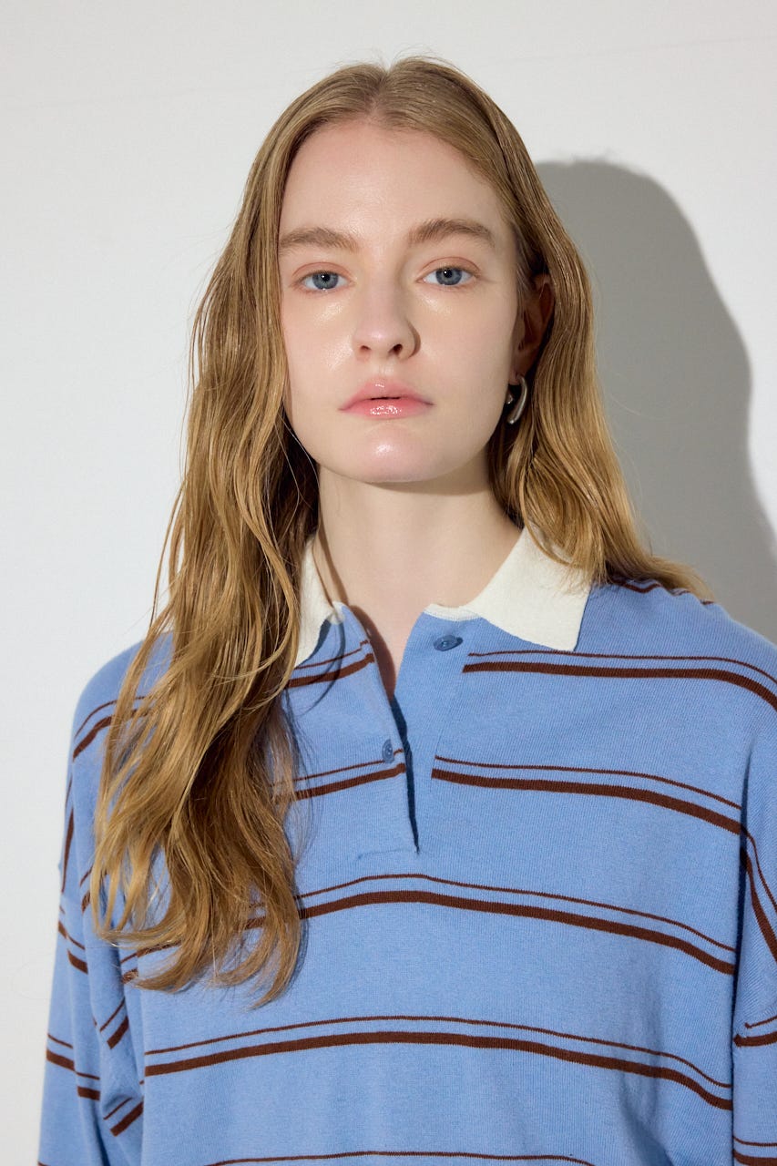 カシミヤミックスポロカラーボーダーニット 柄BLU FREE