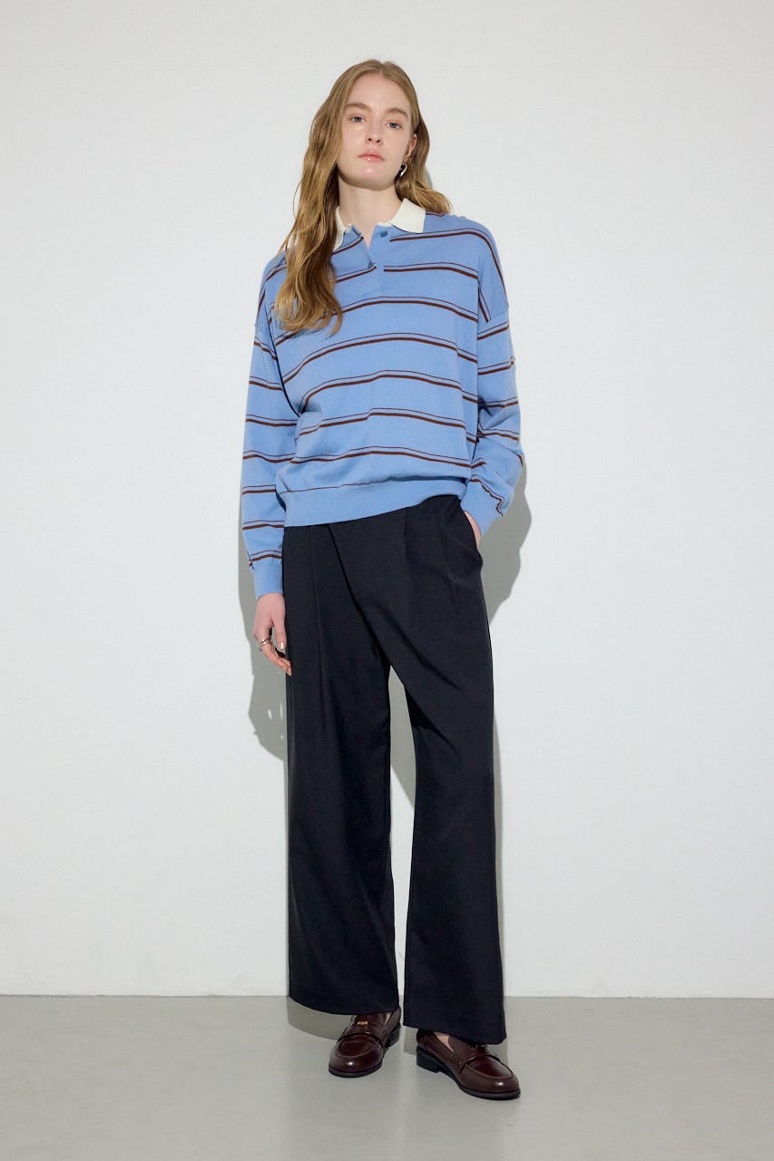 カシミヤミックスポロカラーボーダーニット 柄BLU FREE