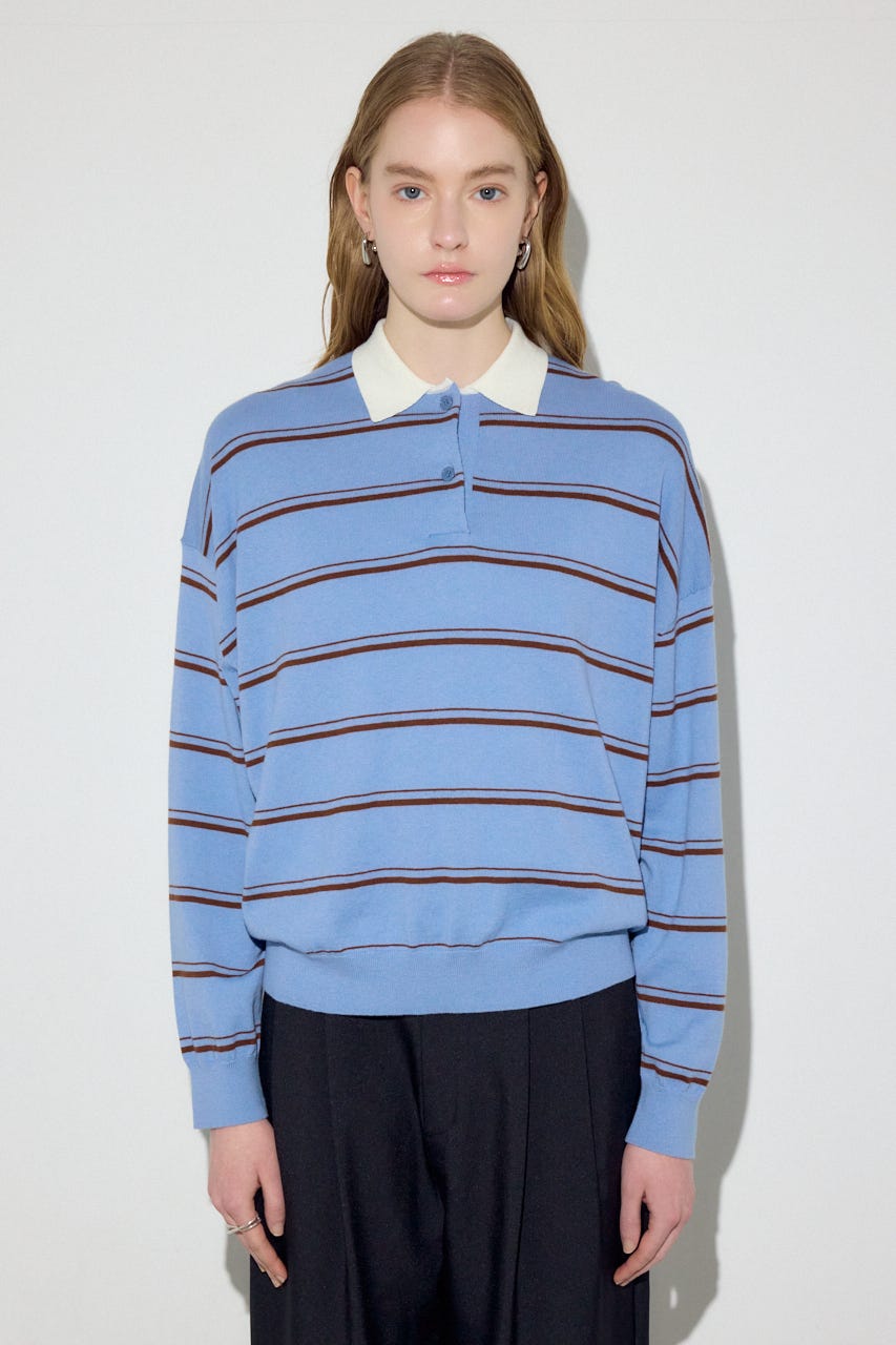 カシミヤミックスポロカラーボーダーニット 柄BLU FREE