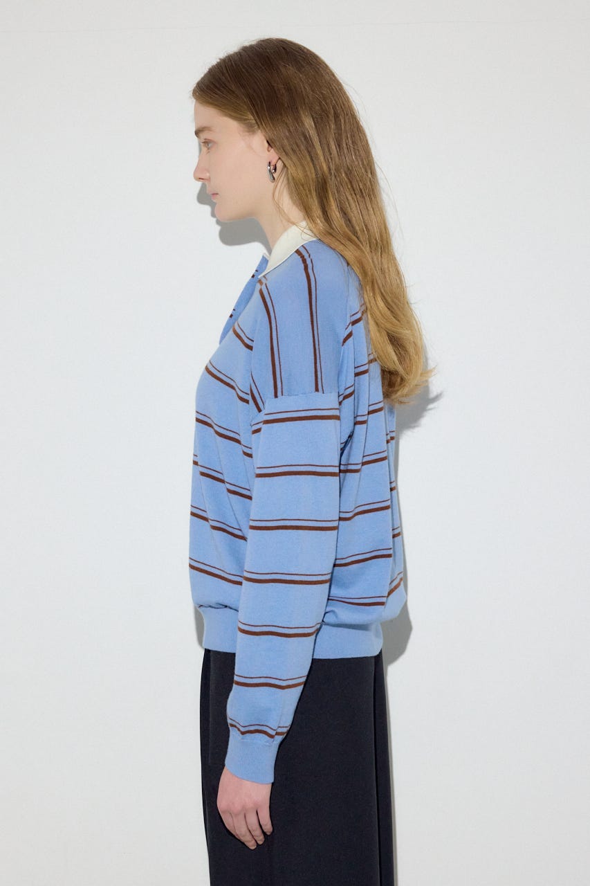 カシミヤミックスポロカラーボーダーニット 柄BLU FREE