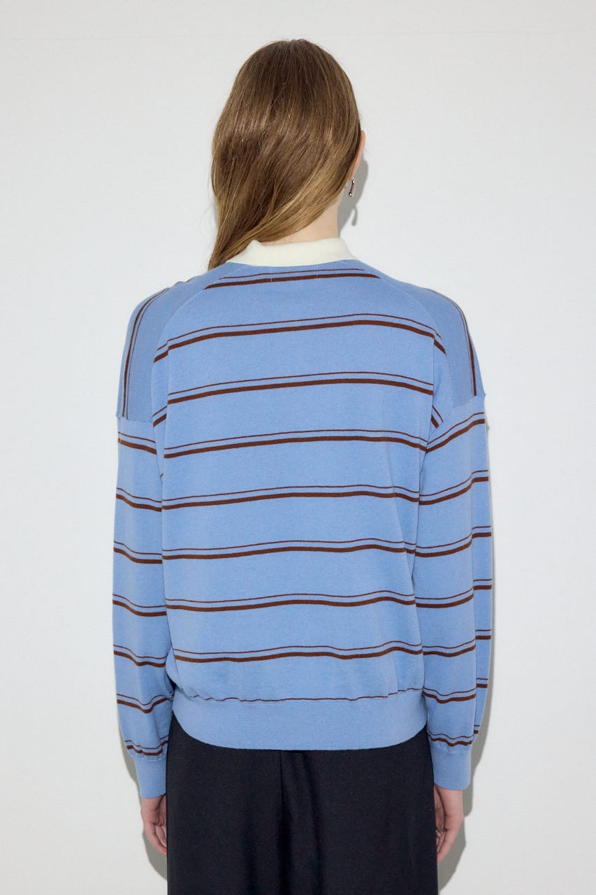 カシミヤミックスポロカラーボーダーニット 柄BLU FREE